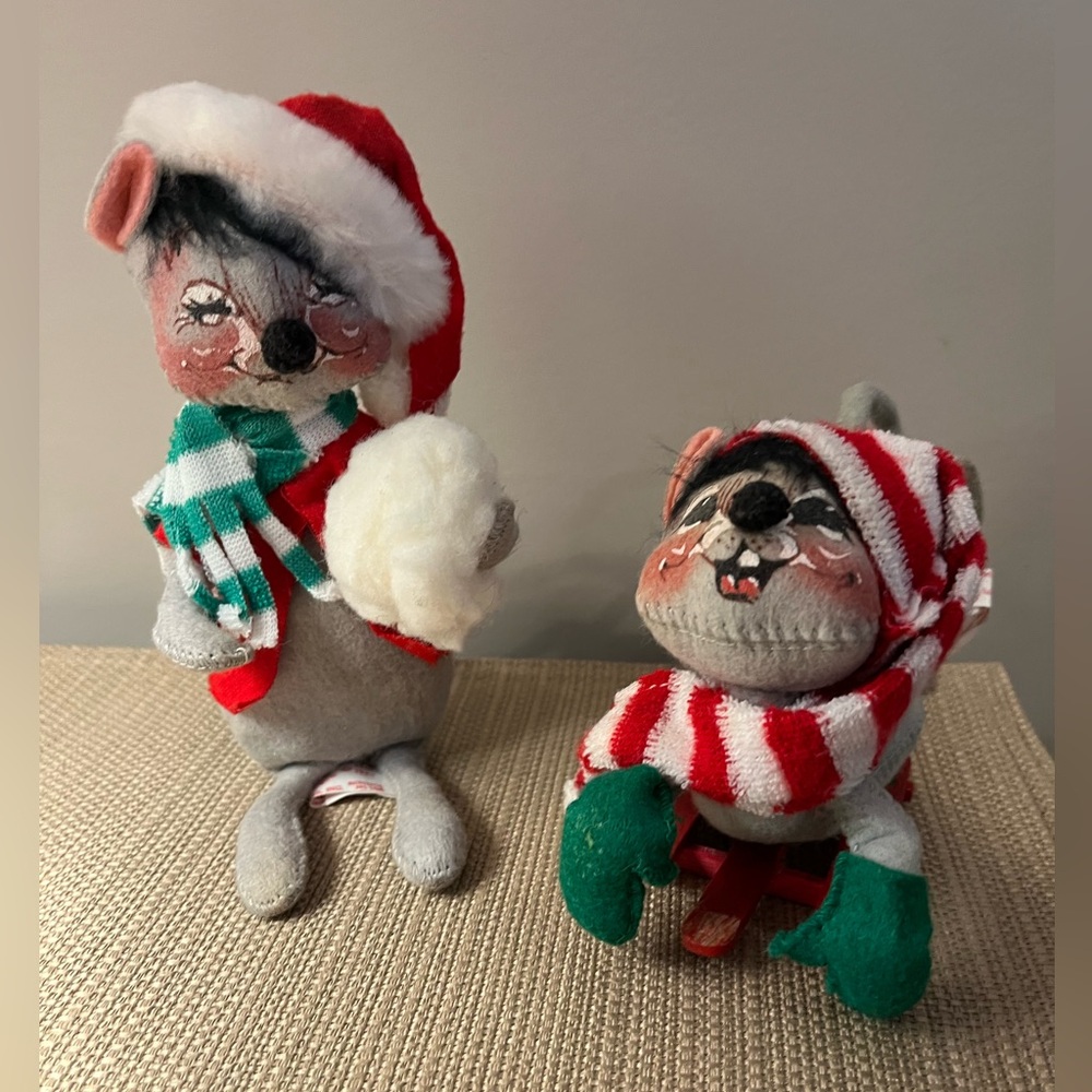 Annalee 2 Christmas Mice. Mouse with snowball from 1983. Mouse with sled 1980.